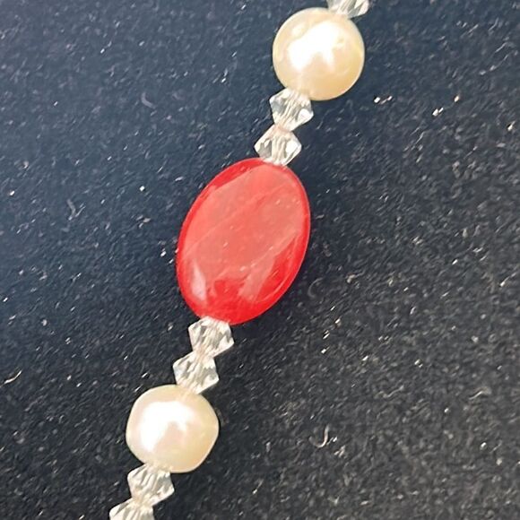 Artisan Made Red Quartz, Pearl, Crystal Sterling Silver Lariat Necklace - Picture 2 of 7